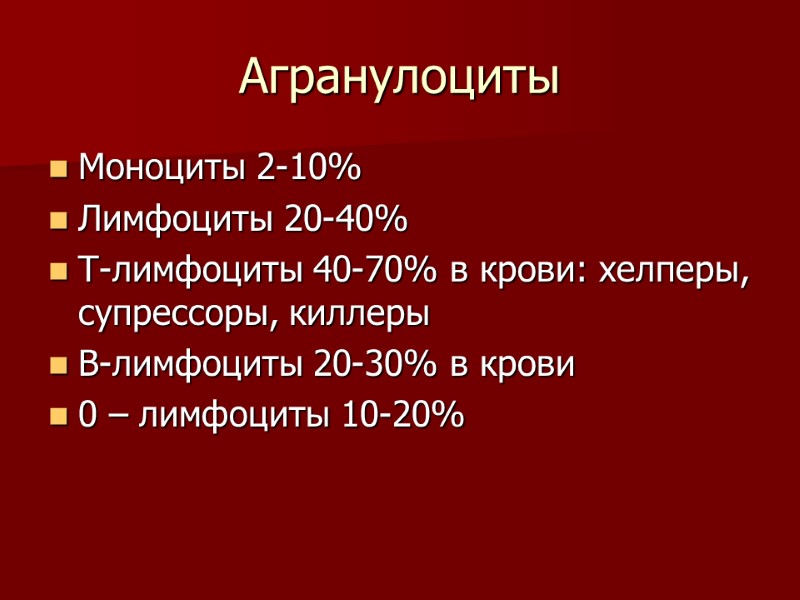 Агранулоциты Моноциты 2-10% Лимфоциты 20-40% Т-лимфоциты 40-70% в крови: хелперы, супрессоры, киллеры В-лимфоциты 20-30%